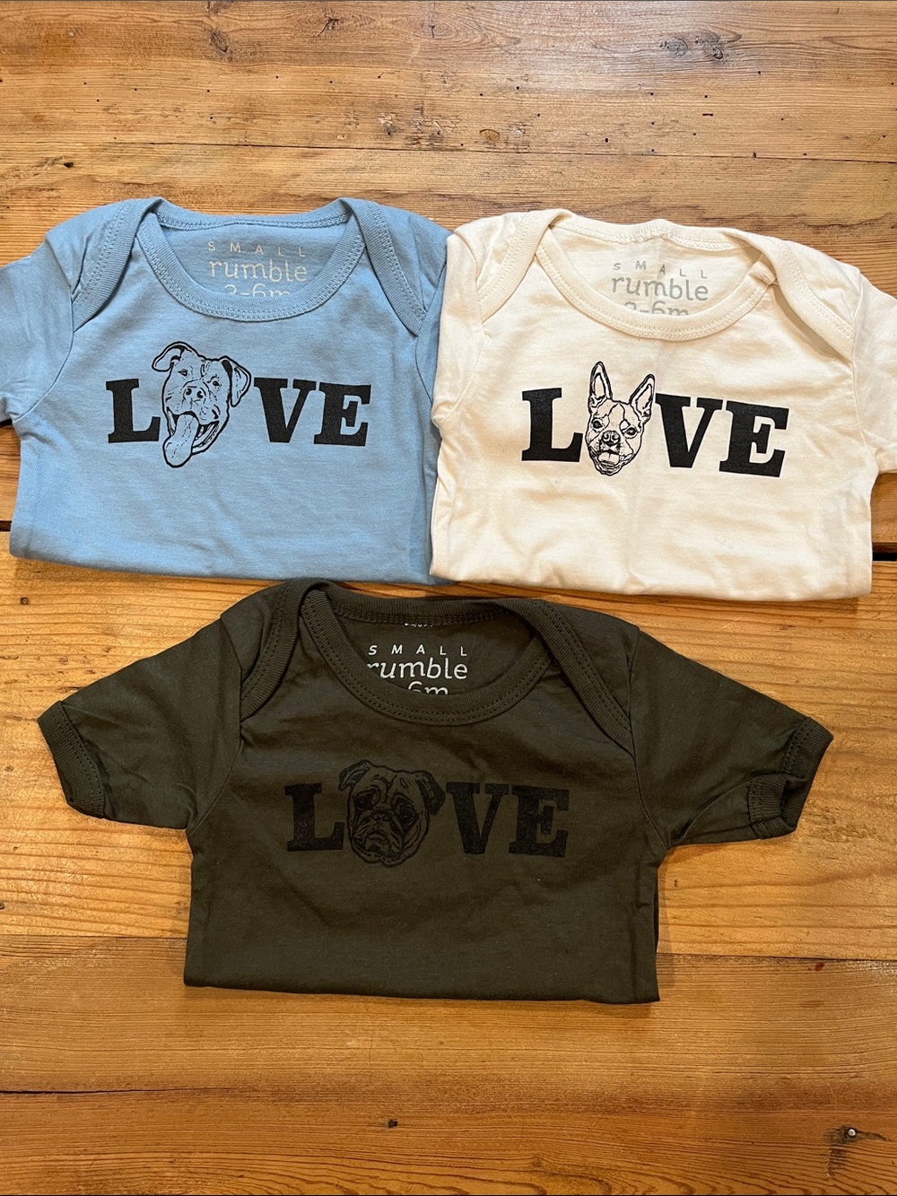 Set/3 SMALL RUMBLE 3-6M Puppy Fog Love Organic Screen Printed Body Suit SS